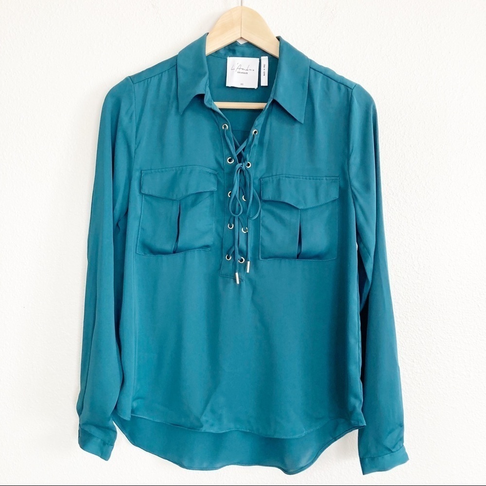 L'Academie The Safari Lace Up Satin Long Sleeve Blouse